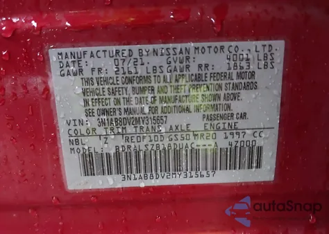 2021 Nissan Sentra Sr Xtronic Cvt из США, поврежденный, VIN 3N1AB8DV2MY315657